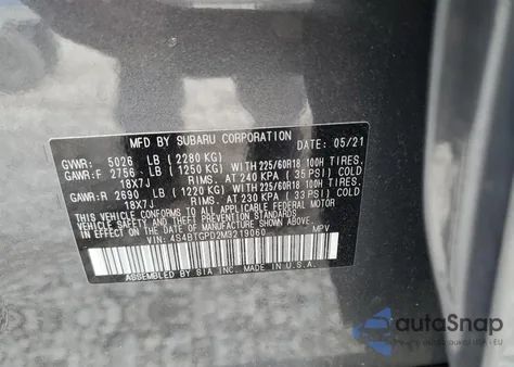2021 Subaru Outback Touring z USA, uszkodzony, nr VIN 4S4BTGPD2M3219060